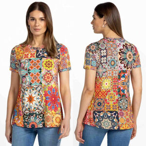 Johnny Was Large Kalieda Patchwork Favorite Short Sleeve Crew Neck Swing T-Shirt